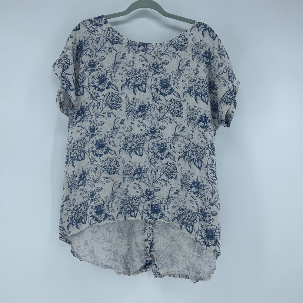Terzo Millennio 100% Linen Tunic Top Women's M Blue Floral Blouse Lagenlook